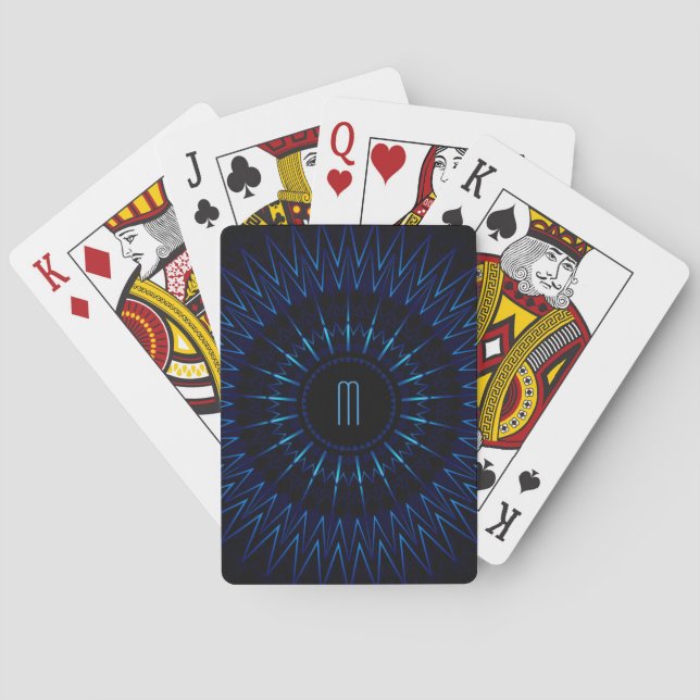 Neon Blue Light Mandala Monogram Playing Cards (Back)