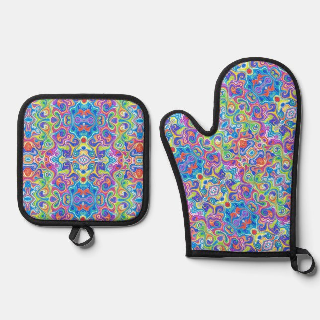 Neon Blue, Lime, Purple & Orange Swirl Pattern Oven Mitt & Pot Holder Set (Front)