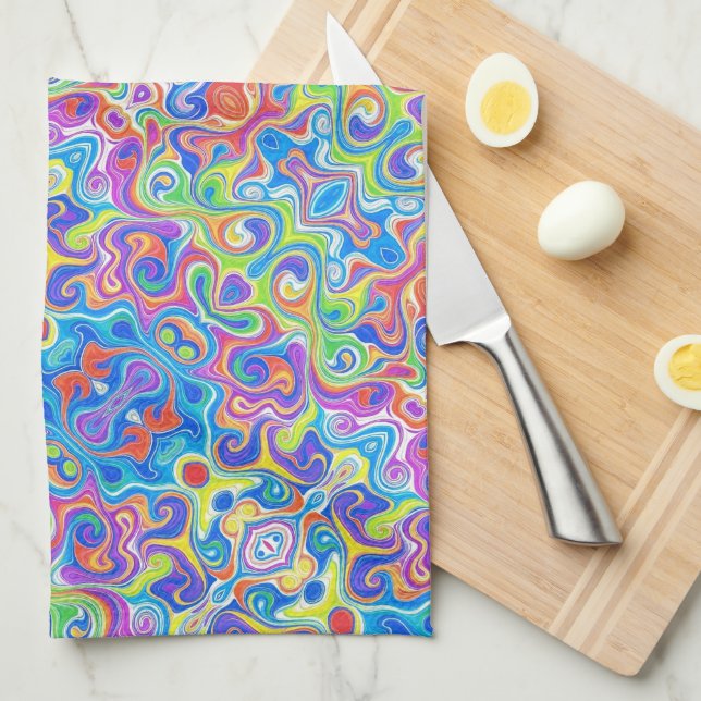 Neon Blue, Lime, Purple & Orange Swirl Pattern Tea Towel (Quarter Fold)