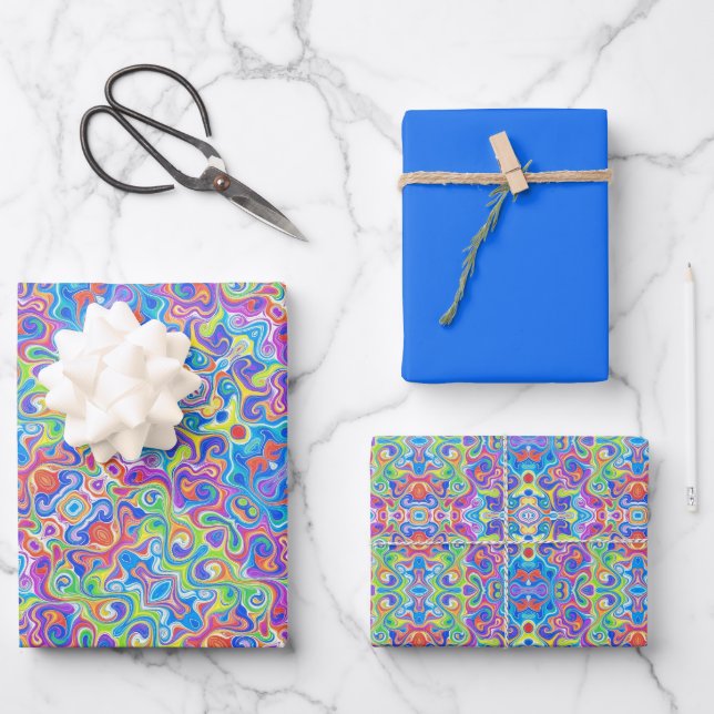 Neon Blue, Lime, Purple & Orange Swirl Pattern Wrapping Paper Sheet (Front)