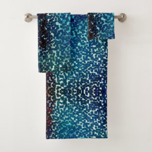 Neon blue mosaic style over rough hammered glass   bath towel set