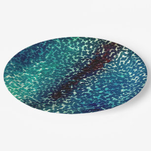 Neon blue mosaic style over rough hammered glass paper plate