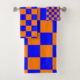 Neon Blue Orange Chequered Chequerboard Vintage Bath Towel Set
