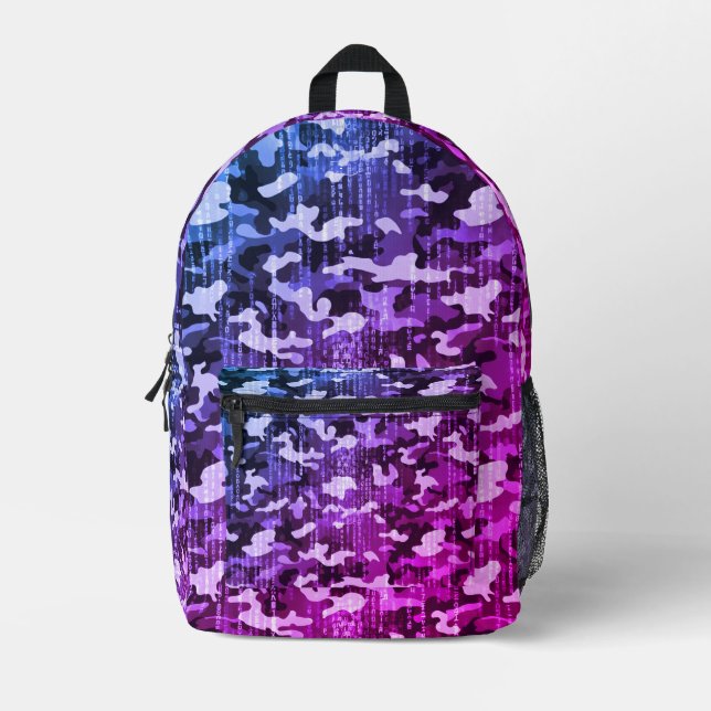 Neon Blue Pink Camo Pattern Printed Backpack (Front)