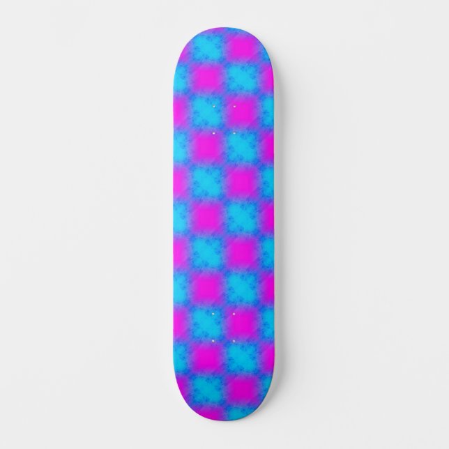 Neon Blue & Pink Chequered Pattern Skateboard (Front)