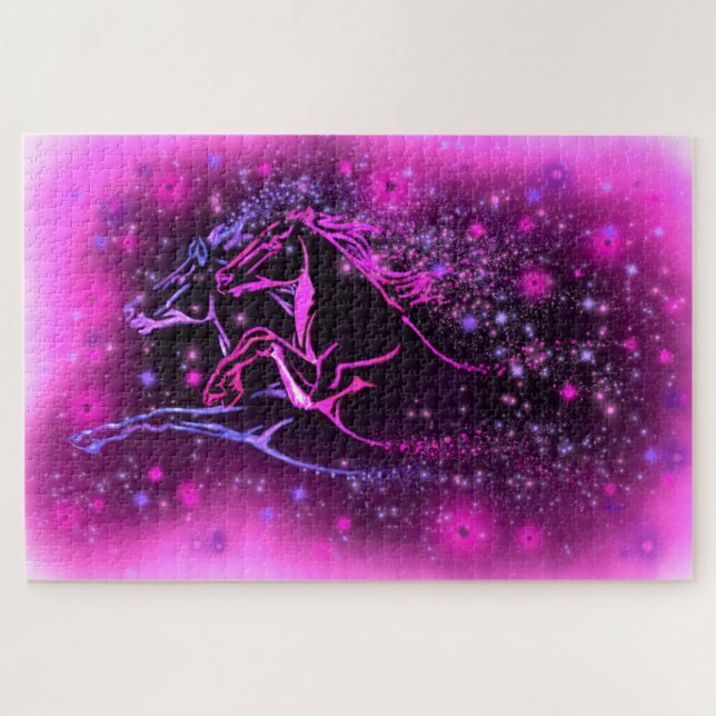 Neon Blue Pink Pair Horses Running Jigsaw Puzzle (Horizontal)