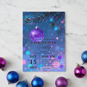 Neon Blue Purple Bauble Christmas Holiday Party Invitation