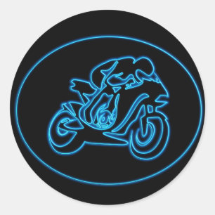 Neon Blue Racing Motorcycle Silhouette Classic Round Sticker