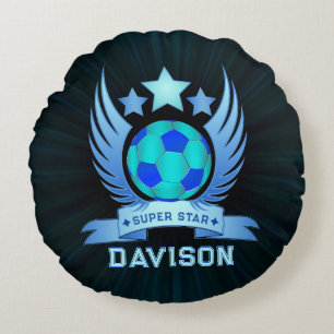 Neon Blue Soccer Ball Cool Custom Gifts For Boys Round Cushion