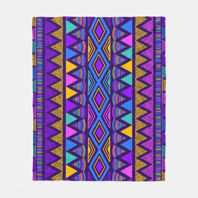 Neon Blue: Tribal Navajo Pattern Fleece Blanket (Front)