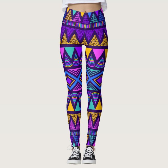 Neon Blue: Tribal Navajo Pattern Leggings (Front)