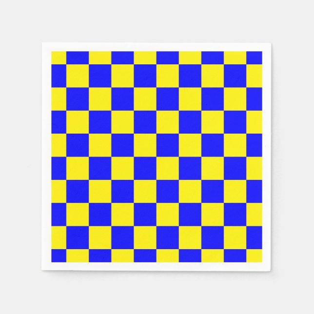 Neon Blue Yellow Chequered Chequerboard Vintage Napkin (Front)
