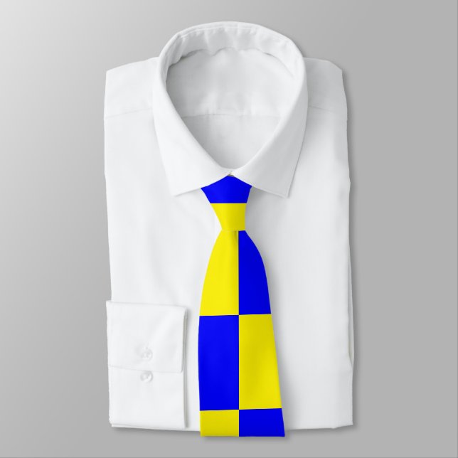 Neon Blue Yellow Chequered Chequerboard Vintage Tie (Tied)