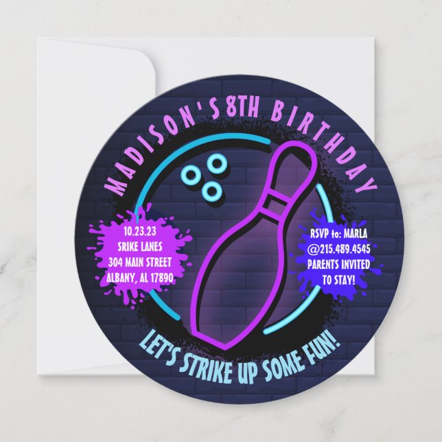 NEON BOWLING BALL ROUND Birthday Party Invitation (Front)
