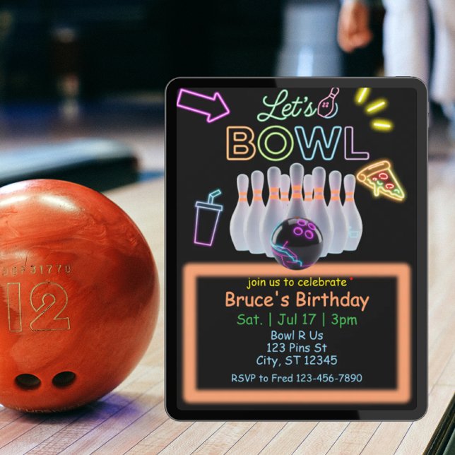Neon Bowling Birthday Invitation (Creator Uploaded)