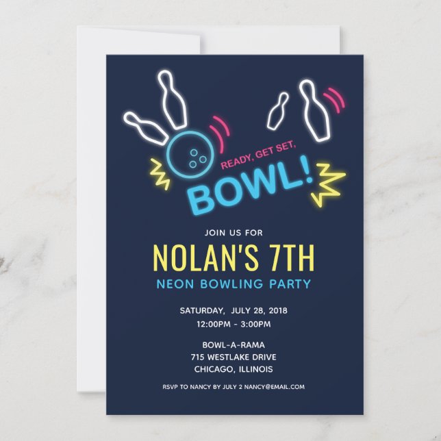 Neon Bowling Birthday Party Invitation (Front)