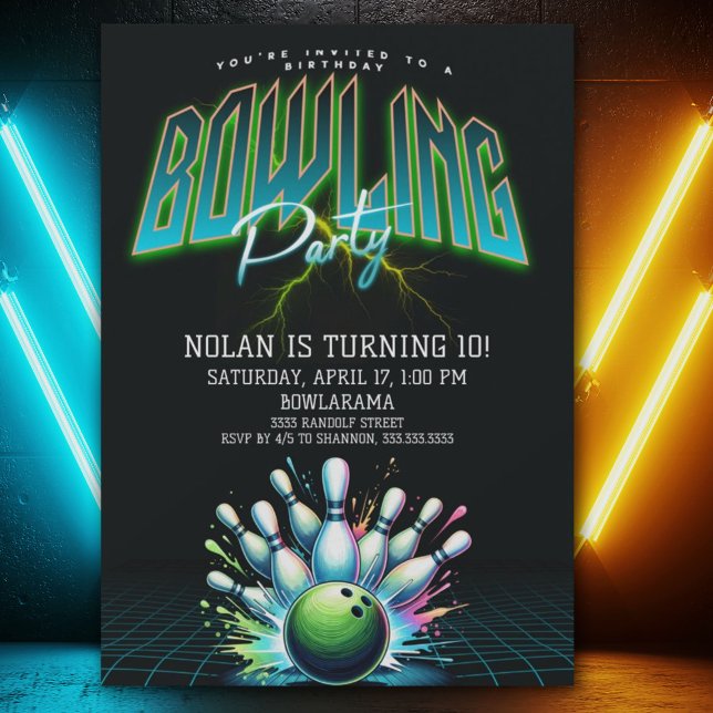 Neon Bowling Birthday Party Invitation for Boys (Creator Uploaded)