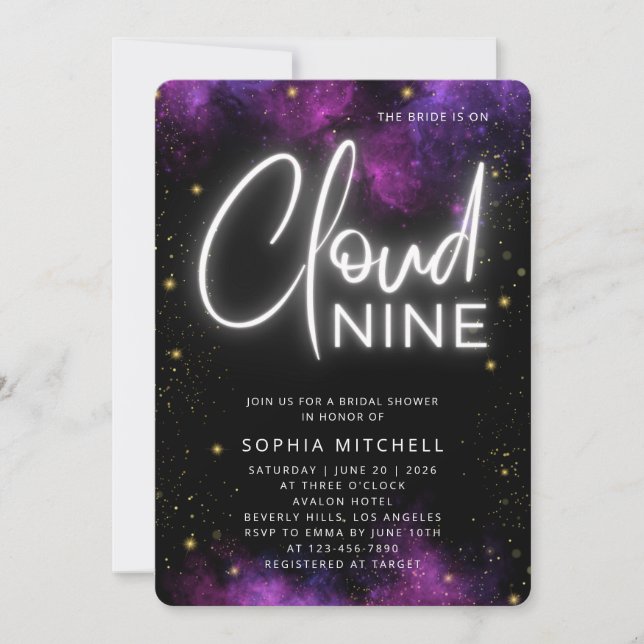 Neon Bride on Cloud 9 Script Black Bridal Shower  Invitation (Front)