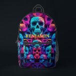 Neon Bright Colour Skulls Novelty Printed Backpack<br><div class="desc">This funky,  cool all over pattern of neon coloured skulls is sure to turn heads. Personalise it with a name. Created by Simply Farmhouse Press.</div>