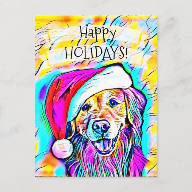 Neon Bright Colours Christmas Golden Retriever Art Holiday Postcard (Front)