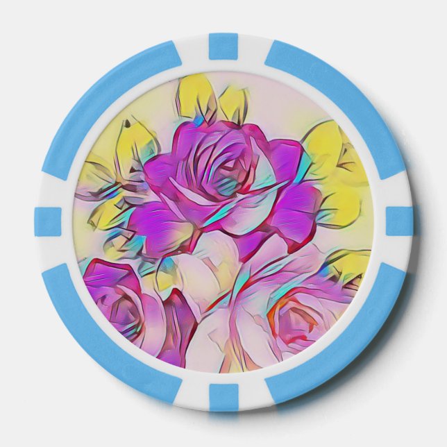 Neon Bright Hot Pink Yellow abstract Rose Poker Chips (Front)