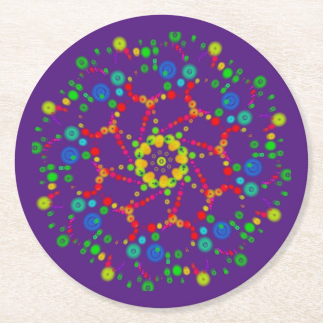 Neon Bubble Orbs Mandala on Deep Purple Round Paper Coaster (Front)