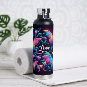 Neon Butterflies, Hearts and Love Water Bottle