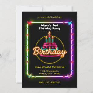 Neon Butterfly Birthday Card with Colourful Cake