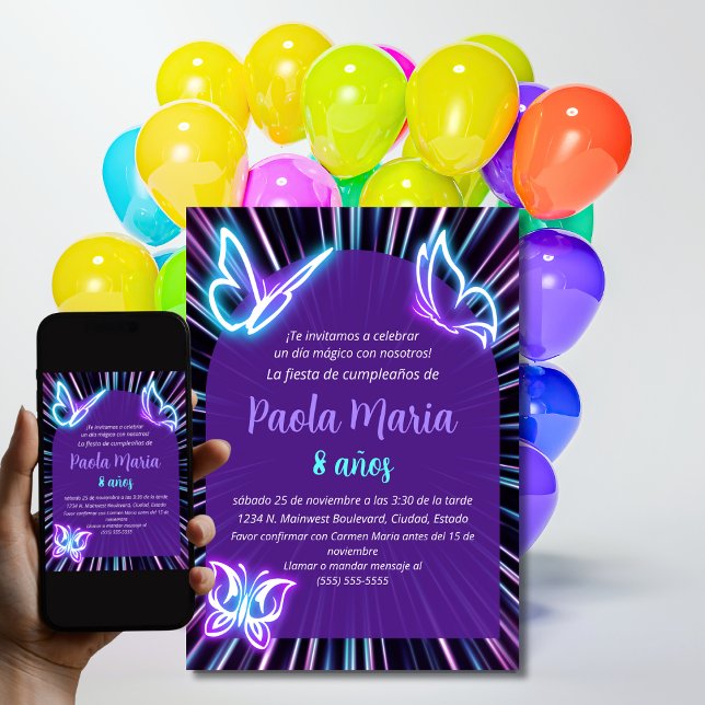 Neon Butterfly Black Purple Girl Birthday Spanish  Invitation (Creator Uploaded)