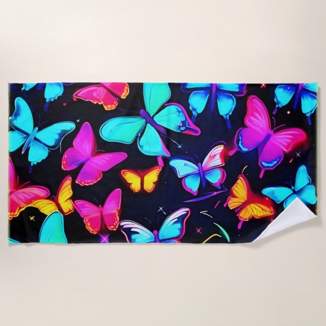 Neon Butterfly Pattern Beach Towel (Front)