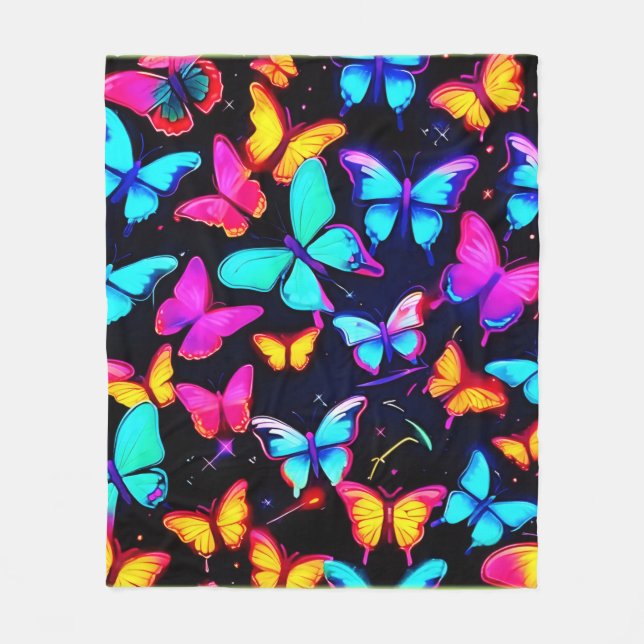 Neon Butterfly Pattern Fleece Blanket (Front)