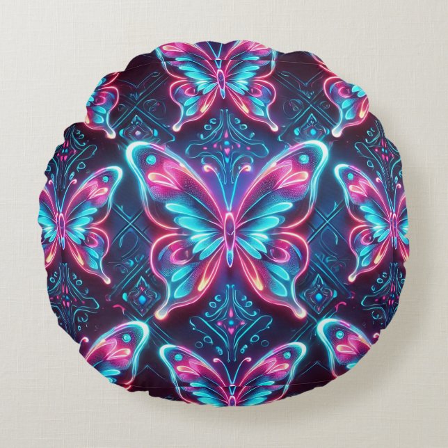 Neon butterfly pattern round cushion (Front)