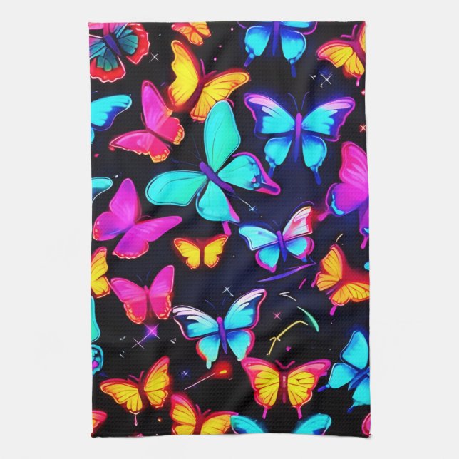 Neon Butterfly Pattern Tea Towel (Vertical)