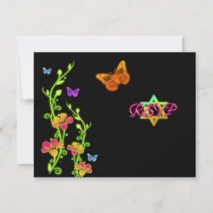 Neon Buttterflies & Flowers Bat Mitzvah RSVP Card