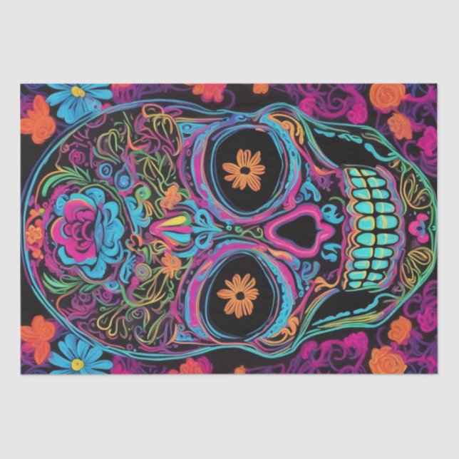 Neon Calavera: Day of the Dead Skull Decoupage  Tissue Paper (Front)