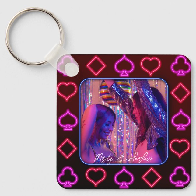 Neon Casino Cards Suits Photo Frame  Key Ring (Front)