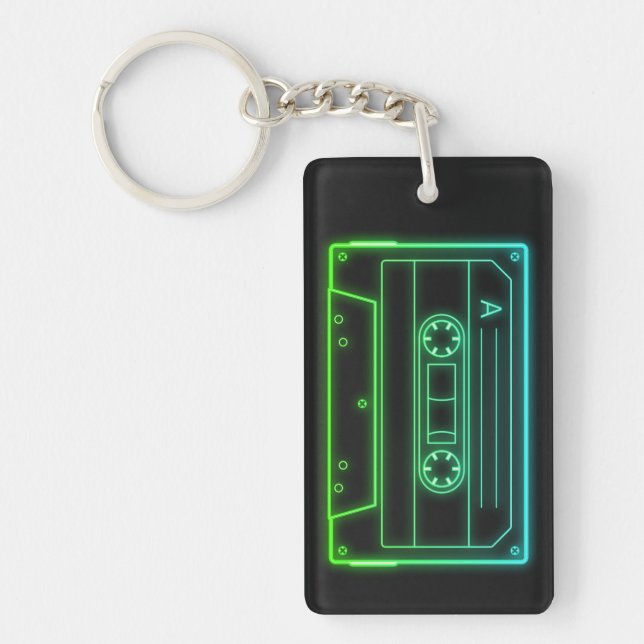 Neon Cassette Key Ring, Green Blue Retro Vaporwave Ring (Front)