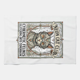 Neon Cat Club Cat Cyberpunk Vintage Vector Art Shi Tea Towel