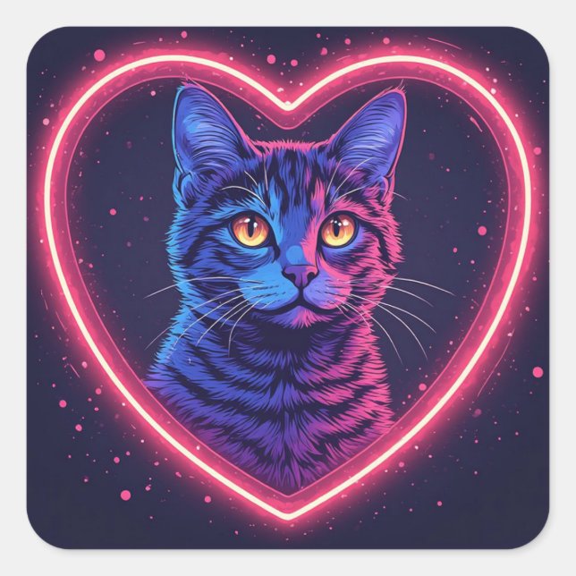 Neon Cat Heart Design – Cute Glowing Kitty Love Square Sticker (Front)