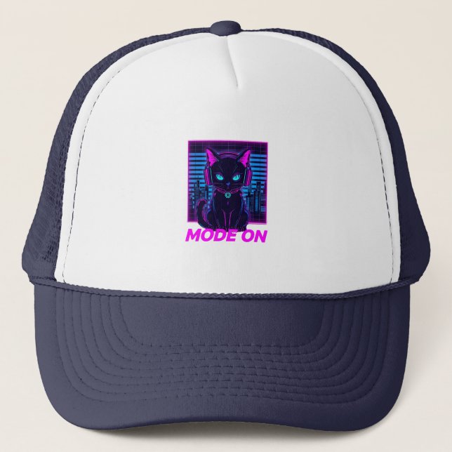 Neon Cat Mode ON – Cyberpunk Gamer Cat Hoodie & T- Trucker Hat (Front)