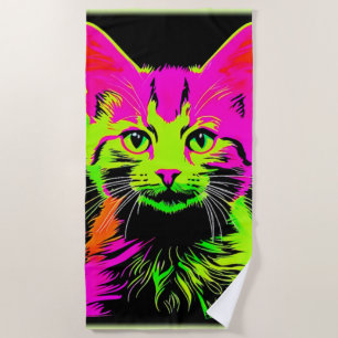 Neon Cat Portrait Beach Towel