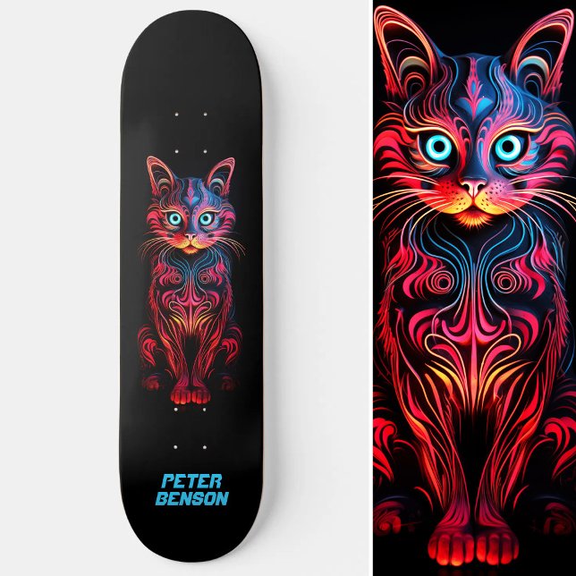 Neon Cat Tribal Tattoo Art  Skateboard (Neon Cat Tribal Tattoo Art Skateboard)