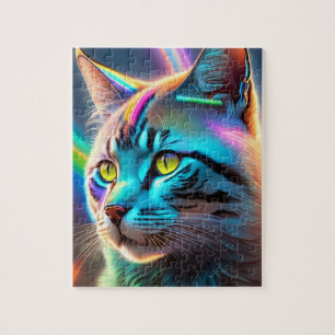Neon Cat With Rainbow Colours, Colourful Cat Jigsaw Puzzle