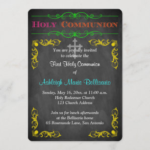 Neon Chalkboard First Holy Communion Invite