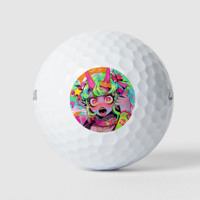 Neon Chaos Demon Girl Expression Golf Balls (Front)