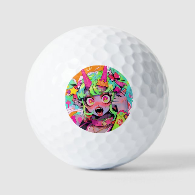 Neon Chaos Demon Girl Expression Golf Balls (Front)
