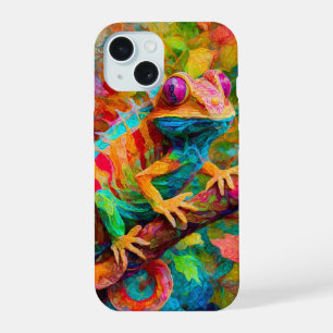 Neon Charlie Chameleon, Textile Rainforest Collage iPhone 15 Case
