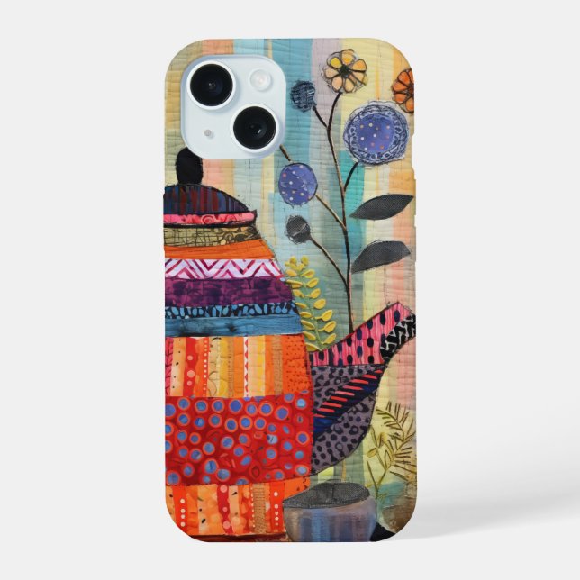 Neon Charlie Chameleon, Textile Rainforest Collage iPhone 15 Case (Back)