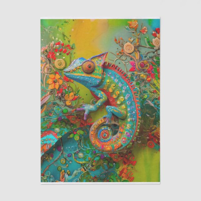 Neon Charlie Chameleon, Textile Rainforest Collage Tissue Paper (Front)