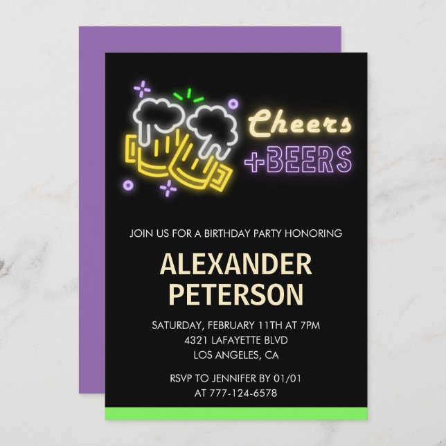 Neon Cheers Beer 31st birthday invitation Men Glow (Front/Back)